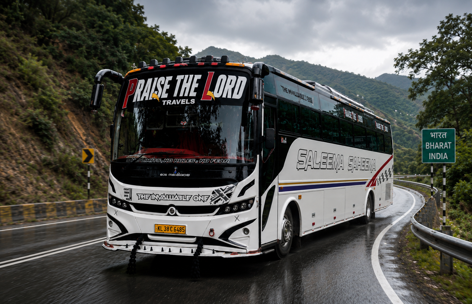 Saleema Saheema Travels luxury coach on a scenic highway
